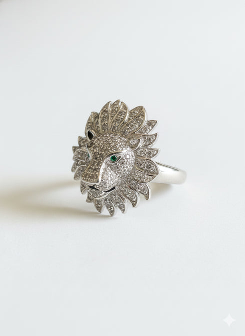 SILVER PAVE LION RING